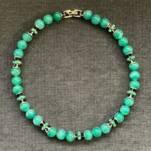 Faux Jade Bead Necklace With Gold Toned And Black Enamel Trim